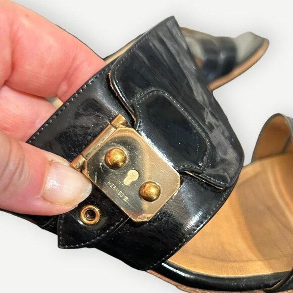 Hermès Black Patent Leather Sandals 36.5 Gold Hardware Buckle Heel Textured Stud - Picture 4 of 10